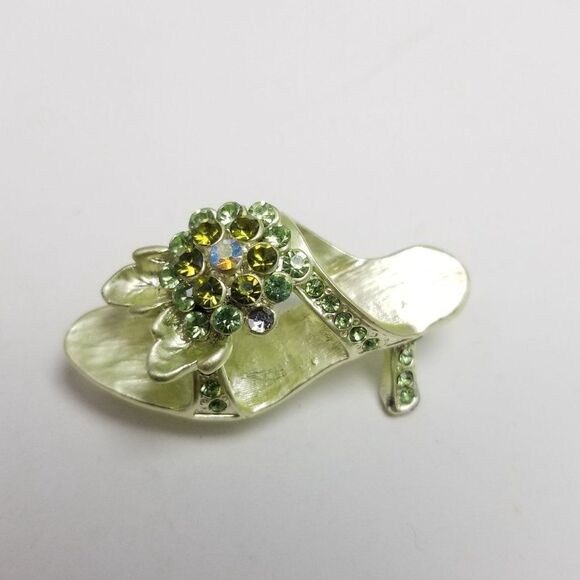 Vintage Lime Green High Heel Rhinestone Show Brooch, Retro Lapel Pin, 90s Y2K - Picture 2 of 6